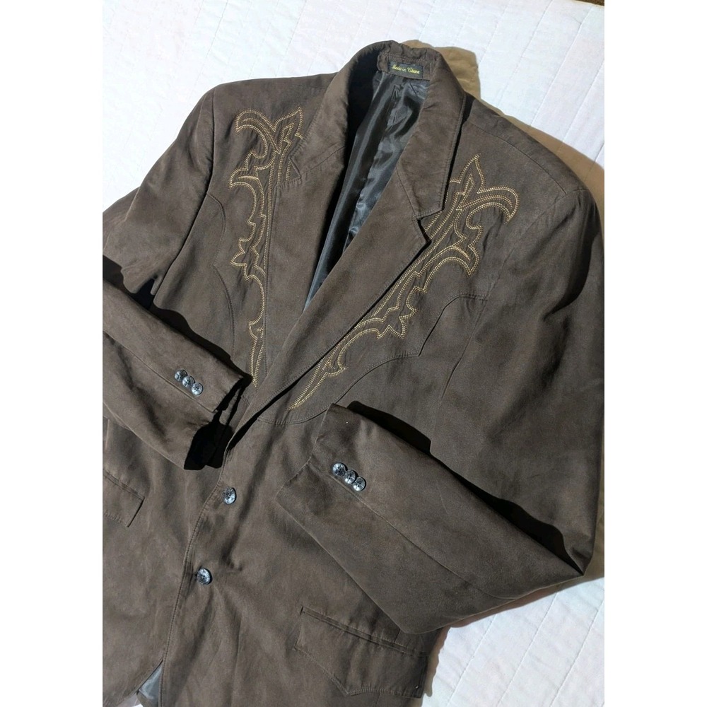 Circle S Blazer Men 48L Long Sport Coat Faux Suede Western Yoke Rockabilly Brown